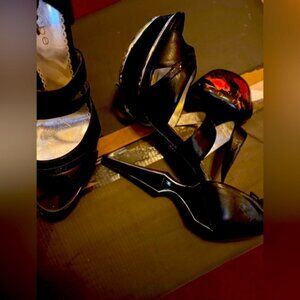 Bebe Black Patent Leather Heels with Straps